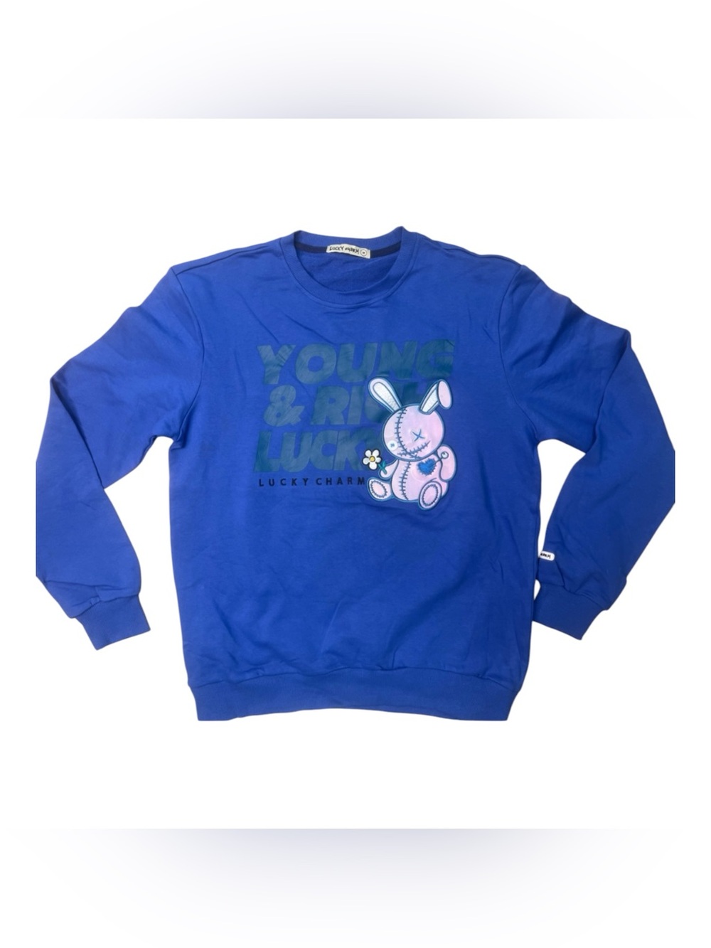 Sz M Blue "Young & Rich Lucky" Bunny Graphic Sweatshirt